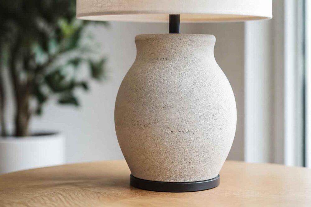 Beżowa lampa stołowa z ceramiczną podstawą na drewnianym blacie przy oknie