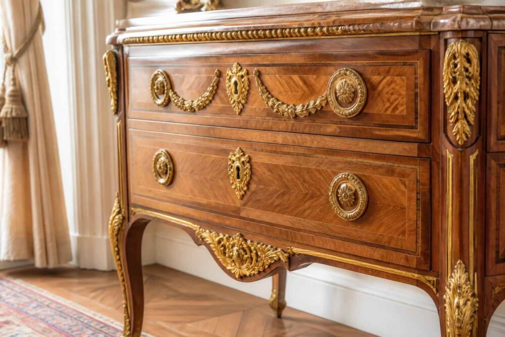 Elegancka komoda w stylu Ludwika XV Drewniana komoda z ozdobnymi uchwytami, złoconymi detalami i dekoracyjnymi wygiętymi nóżkami