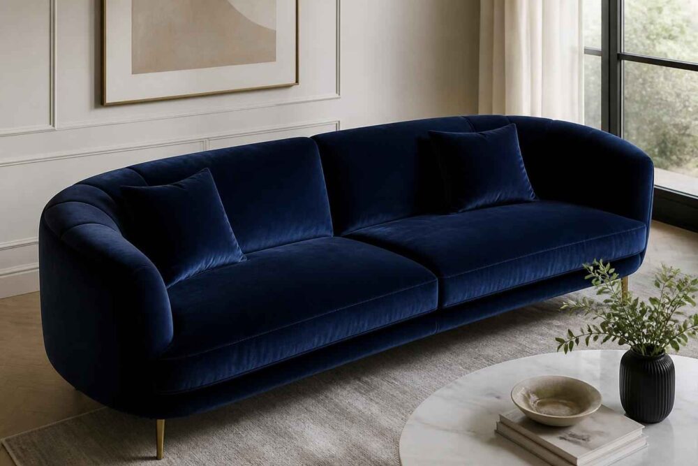 Granatowa aksamitna sofa z poduszkami w jasnym, eleganckim salonie geschniegelt