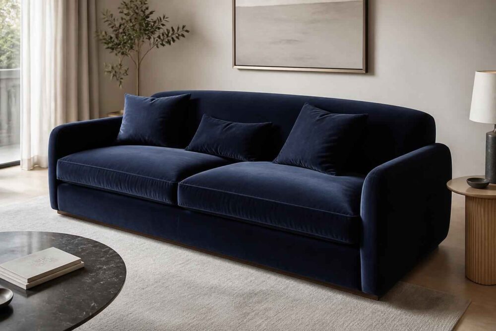 Granatowa sofa z poduszkami ustawiona na dywanie w eleganckim salonie z lampą i stolikiem kawowym