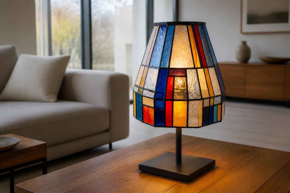 Kolorowa lampa witrażowa na stole w salonie z sofą w tle