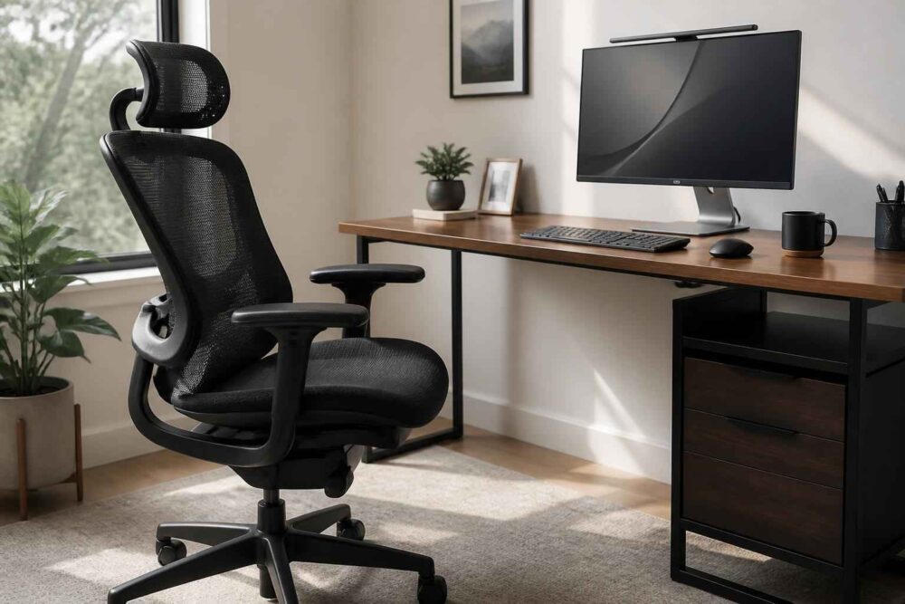 Czarne ergonomiczne krzesło przy biurku z monitorem w jasnym domowym gabinecie