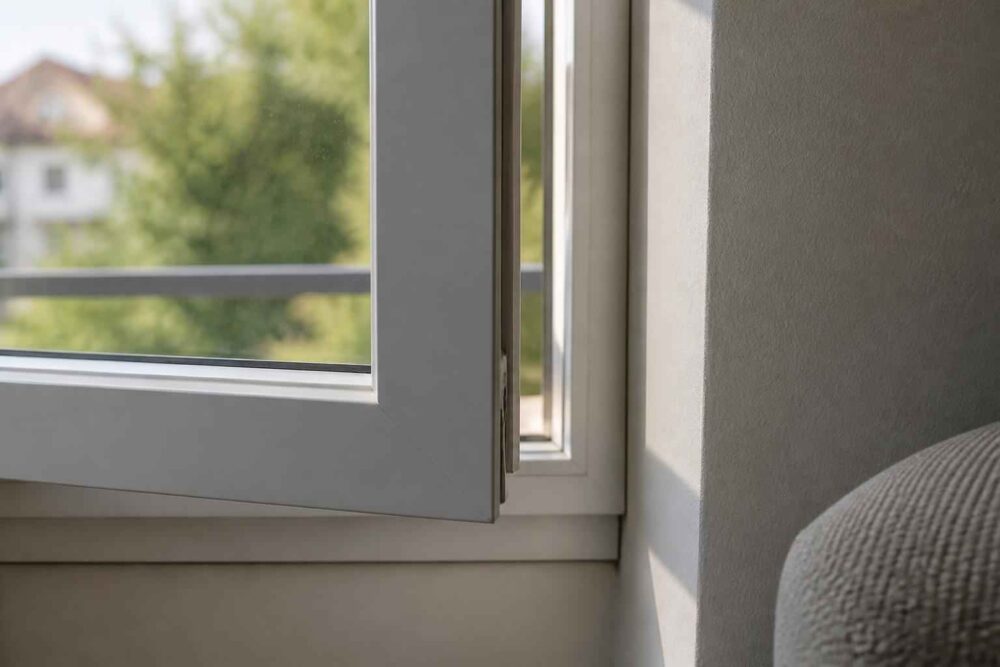 Uchylone białe okno z widokiem na drzewa, dom i balkonową balustradę obok jasnego fotela