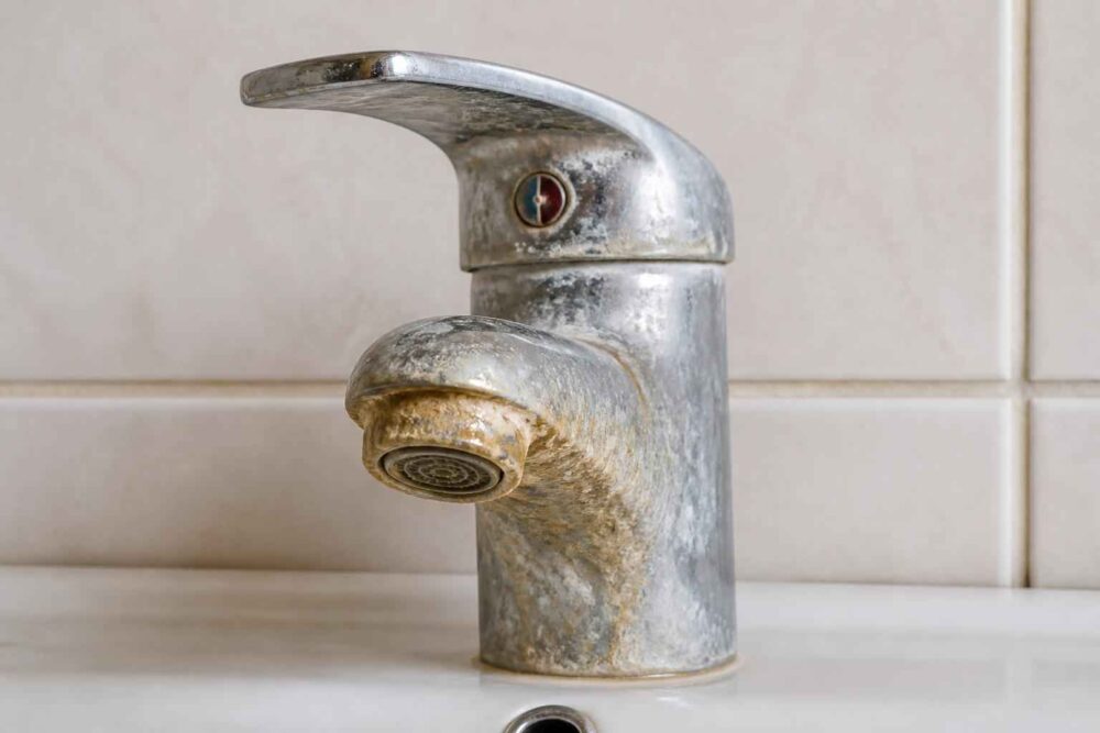 Stary, zabrudzony i skorodowany kran umywalkowy na tle białych płytek ceramicznych